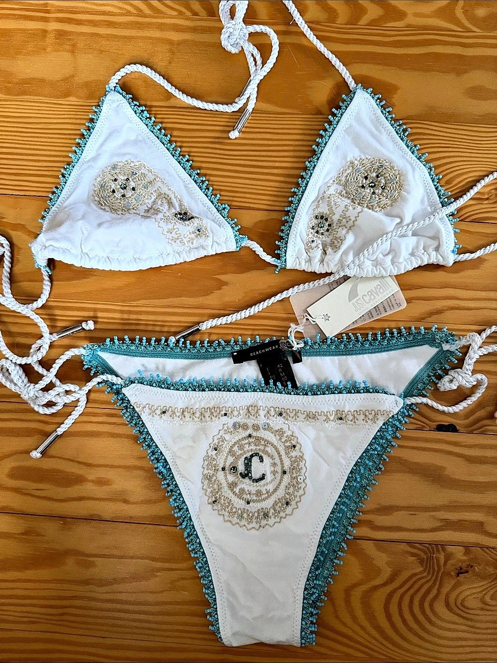 Just Cavalli Beachwear Bikini Embellished Bikini in White & Turquoise US SMALL N